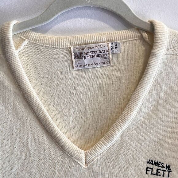 Vtg Bulldozer Embroidered V Neck Sweater Large Mens Grandpa Retro Yellow Preppy - Picture 8 of 10